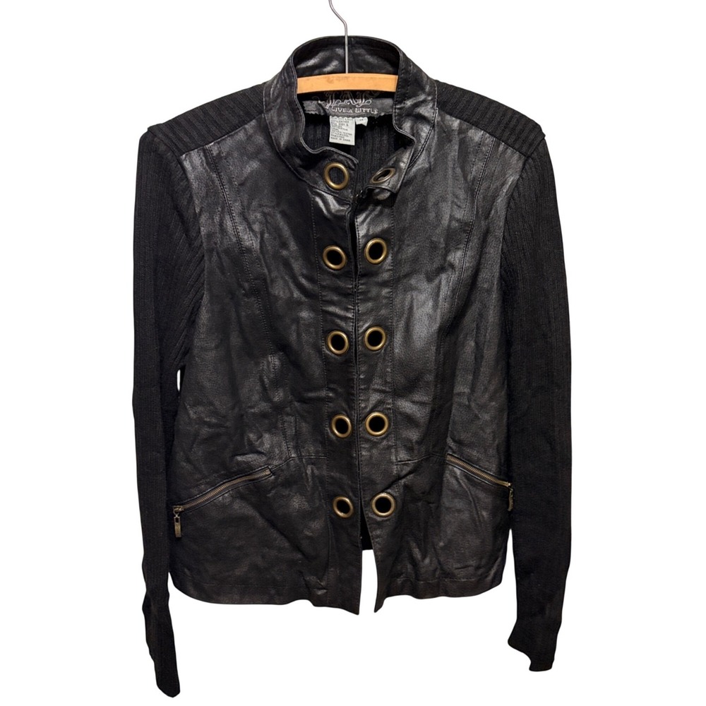 VTG Black Leather Jacket Moto Ribbed Knit Mixed Media Women's Medium Grunge